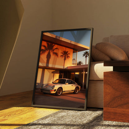 Affiche Porsche Classique devant Villa Moderniste – Architecture de Luxe & Design Rétro | Poster Automobile Premium