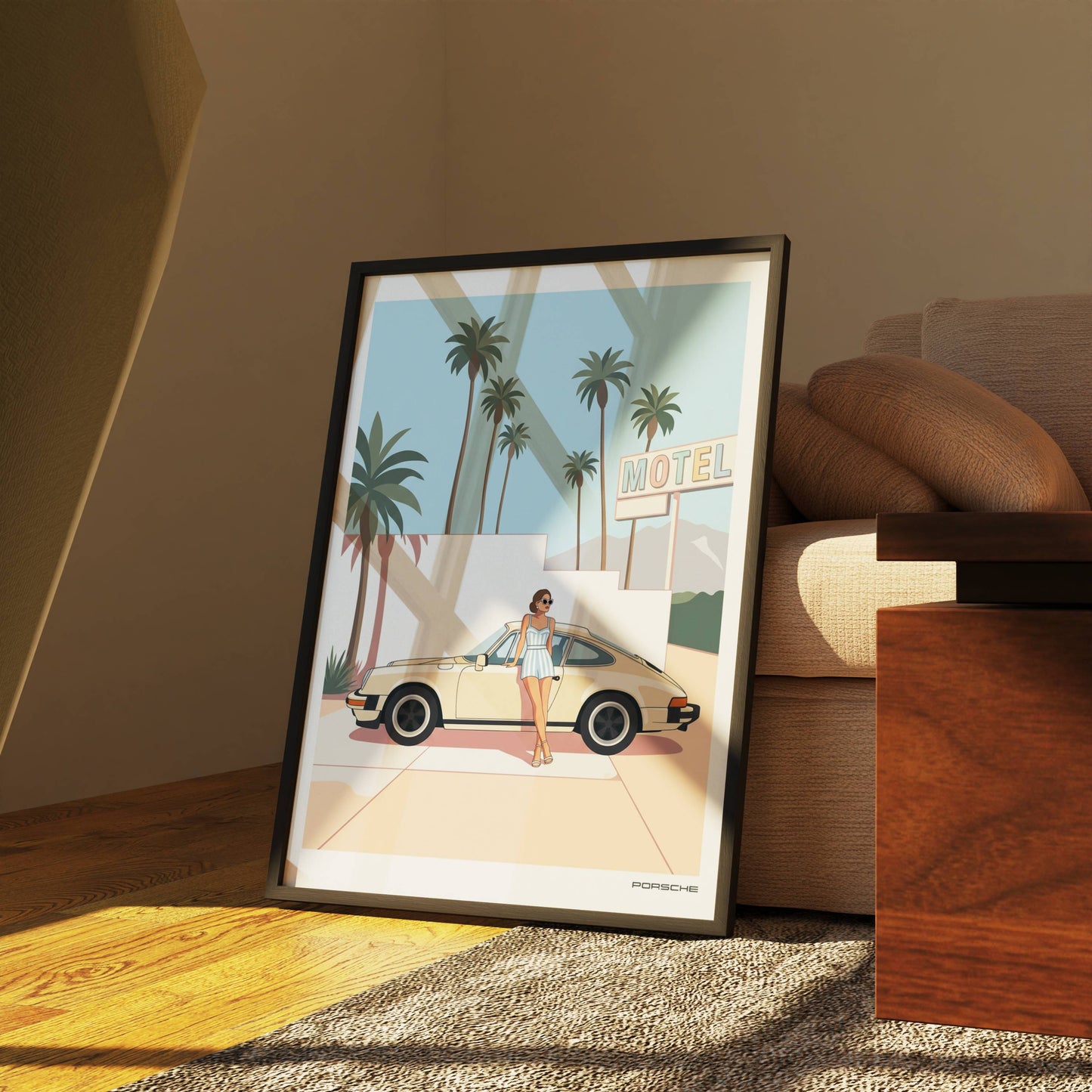 Affiche Porsche Vintage devant Motel Rétro – Californian Dream & Lifestyle Estival | Poster Automobile Chic