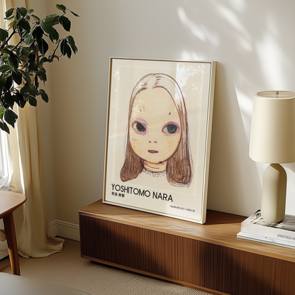 Yoshitomo Nara Large Eyed Girl Portrait Poster, Brown Hair Japanese Contemporary Art Print, Minimalist Wall Decor