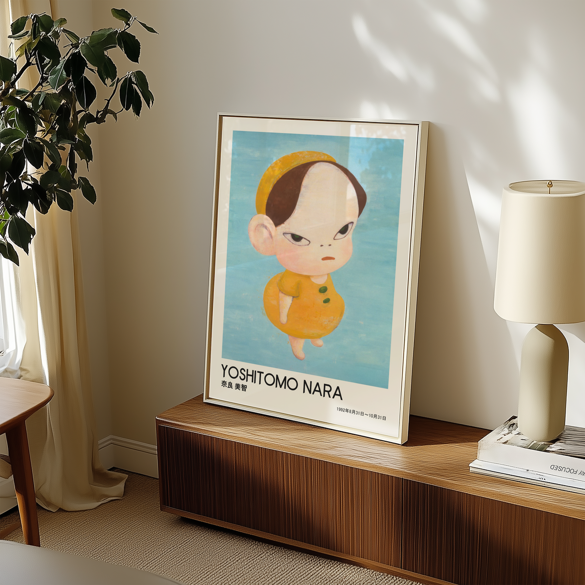 Yoshitomo Nara Yellow Girl Poster, Japanese Contemporary Art Print, Blue Background Wall Decor, Minimalist Character Art