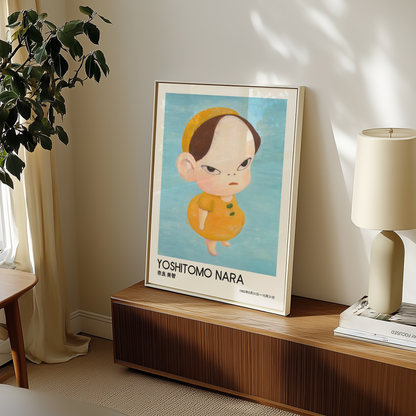 Yoshitomo Nara Yellow Girl Poster, Japanese Contemporary Art Print, Blue Background Wall Decor, Minimalist Character Art