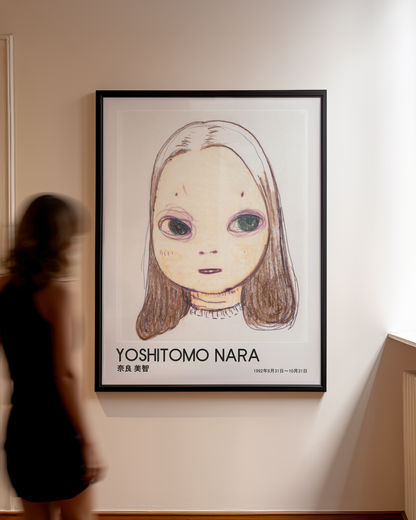 Yoshitomo Nara Large Eyed Girl Portrait Poster, Brown Hair Japanese Contemporary Art Print, Minimalist Wall Decor