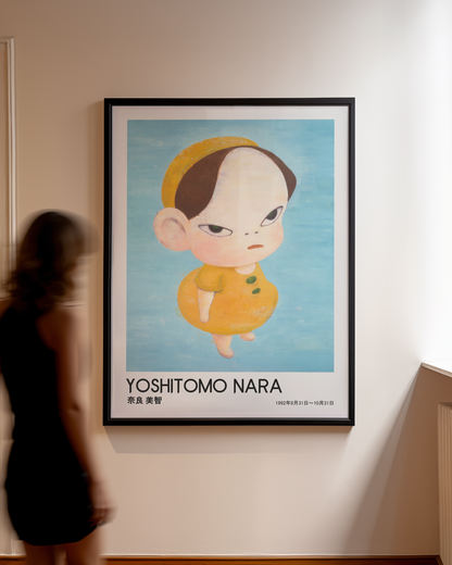 Yoshitomo Nara Yellow Girl Poster, Japanese Contemporary Art Print, Blue Background Wall Decor, Minimalist Character Art