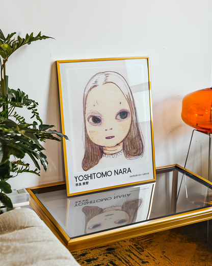 Yoshitomo Nara Large Eyed Girl Portrait Poster, Brown Hair Japanese Contemporary Art Print, Minimalist Wall Decor