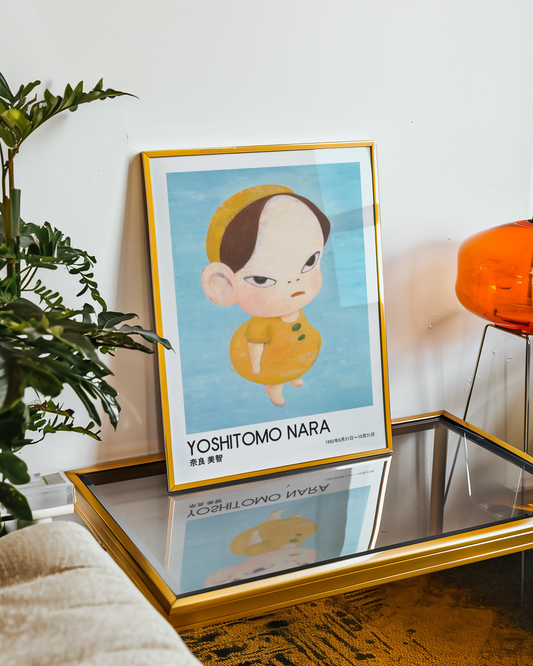 Yoshitomo Nara Yellow Girl Poster, Japanese Contemporary Art Print, Blue Background Wall Decor, Minimalist Character Art