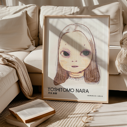 Yoshitomo Nara Large Eyed Girl Portrait Poster, Brown Hair Japanese Contemporary Art Print, Minimalist Wall Decor