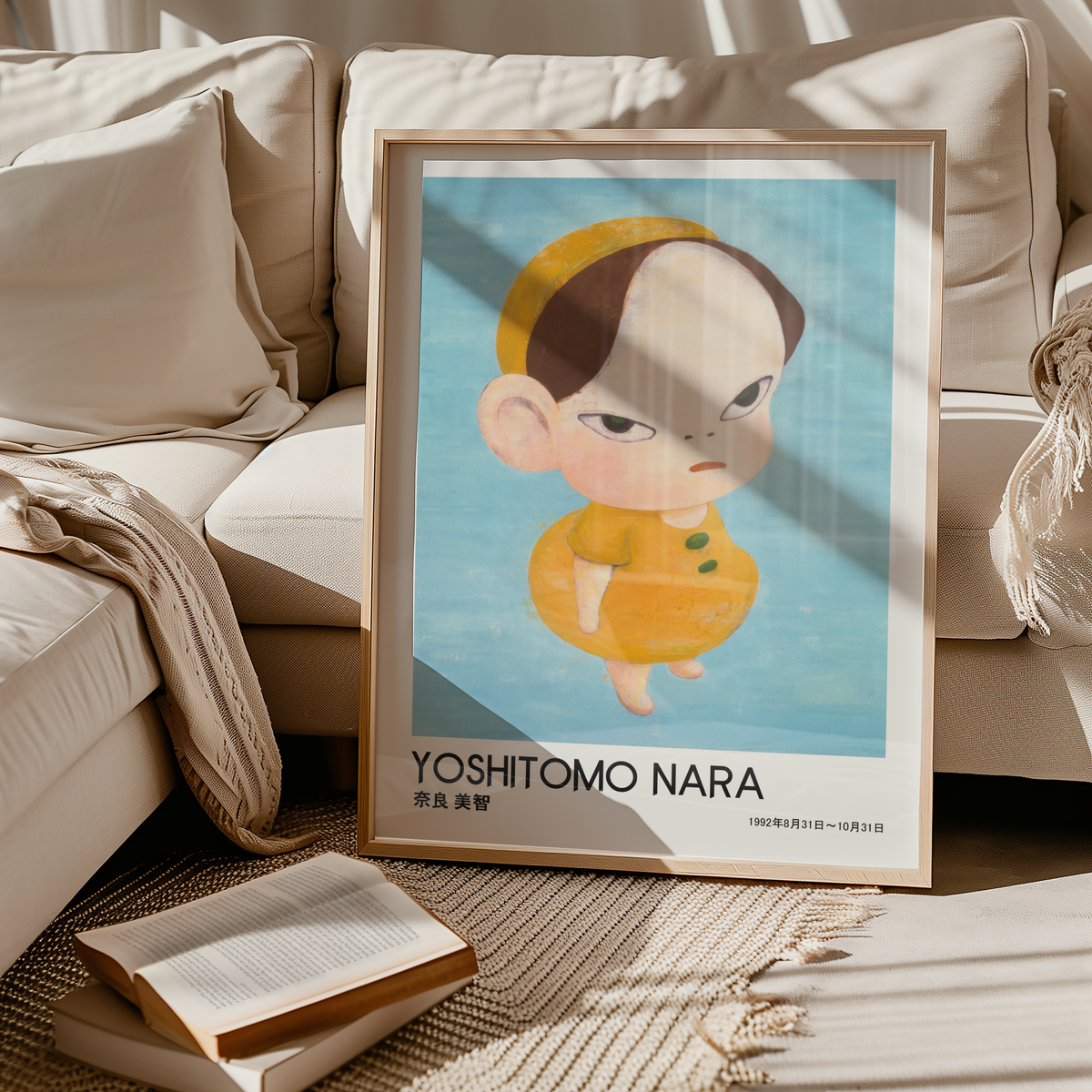 Yoshitomo Nara Yellow Girl Poster, Japanese Contemporary Art Print, Blue Background Wall Decor, Minimalist Character Art
