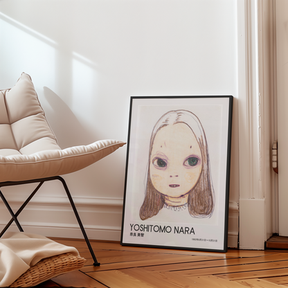 Yoshitomo Nara Large Eyed Girl Portrait Poster, Brown Hair Japanese Contemporary Art Print, Minimalist Wall Decor