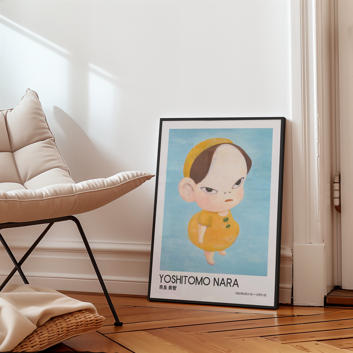 Yoshitomo Nara Yellow Girl Poster, Japanese Contemporary Art Print, Blue Background Wall Decor, Minimalist Character Art