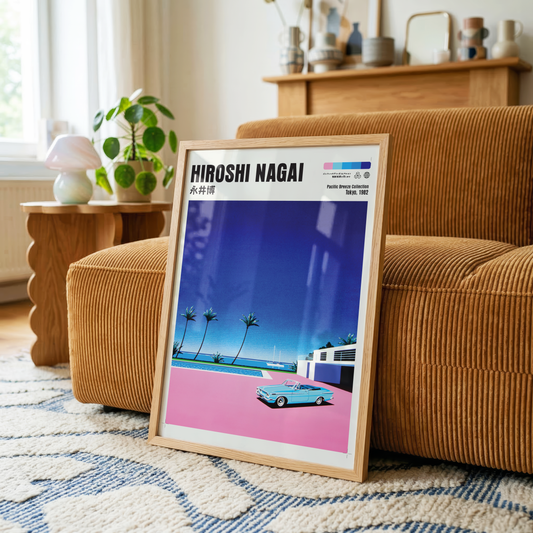 Hiroshi Nagai Pacific Breeze Poster, Vintage Convertible Car Art, Japanese Beach Print, Retro Poolside Wall Decor, City Pop Summer