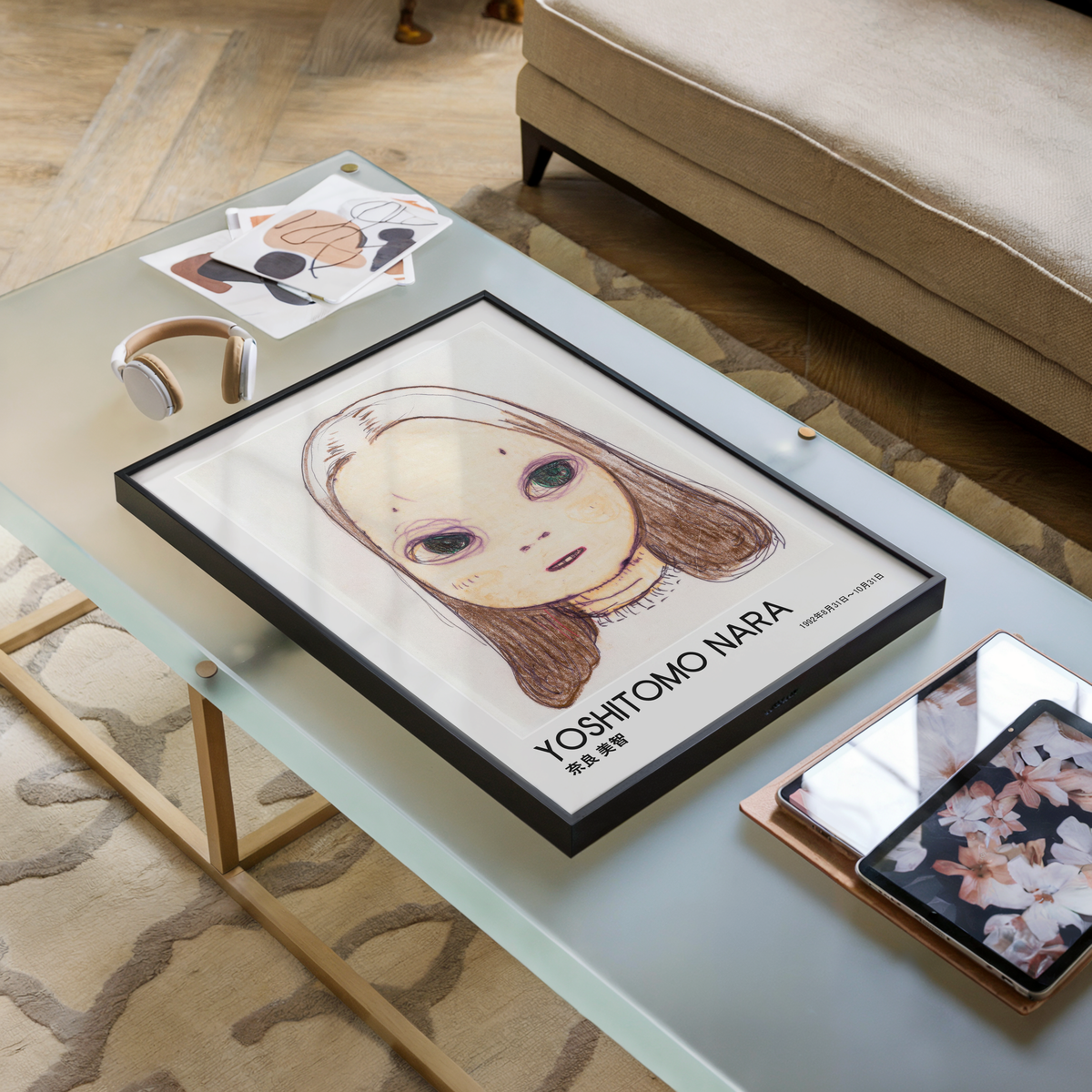 Yoshitomo Nara Large Eyed Girl Portrait Poster, Brown Hair Japanese Contemporary Art Print, Minimalist Wall Decor