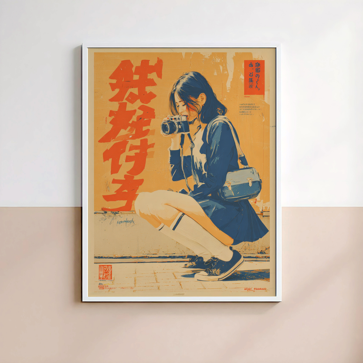 Affiche Japonaise Vintage Photographe, Femme avec Appareil Photo, Wall Art Rétro Japonais, Poster Orange et Bleu