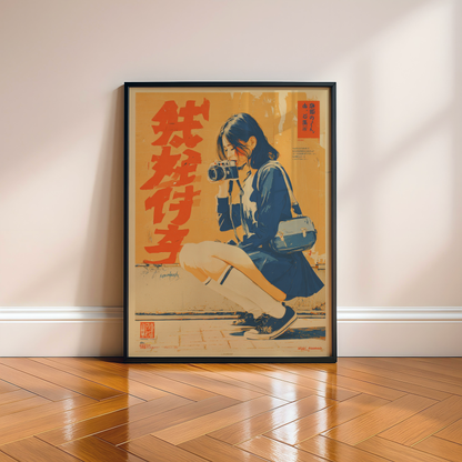 Affiche Japonaise Vintage Photographe, Femme avec Appareil Photo, Wall Art Rétro Japonais, Poster Orange et Bleu