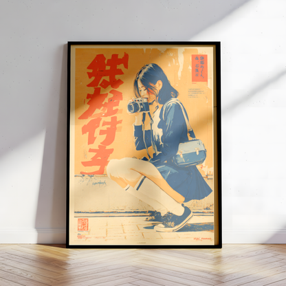 Affiche Japonaise Vintage Photographe, Femme avec Appareil Photo, Wall Art Rétro Japonais, Poster Orange et Bleu