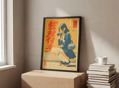 Affiche Japonaise Vintage Photographe, Femme avec Appareil Photo, Wall Art Rétro Japonais, Poster Orange et Bleu