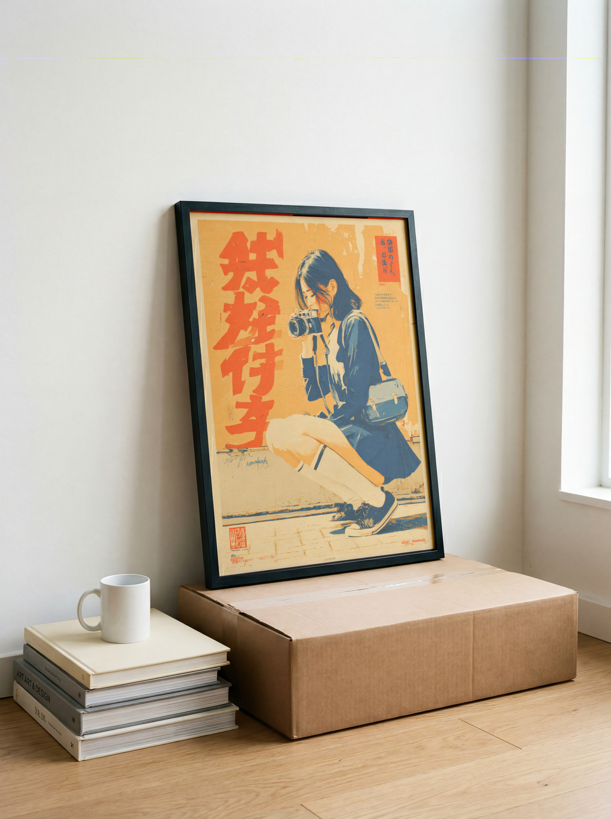 Affiche Japonaise Vintage Photographe, Femme avec Appareil Photo, Wall Art Rétro Japonais, Poster Orange et Bleu