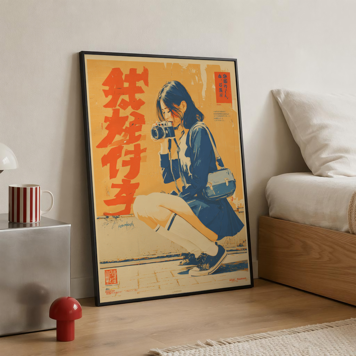 Affiche Japonaise Vintage Photographe, Femme avec Appareil Photo, Wall Art Rétro Japonais, Poster Orange et Bleu