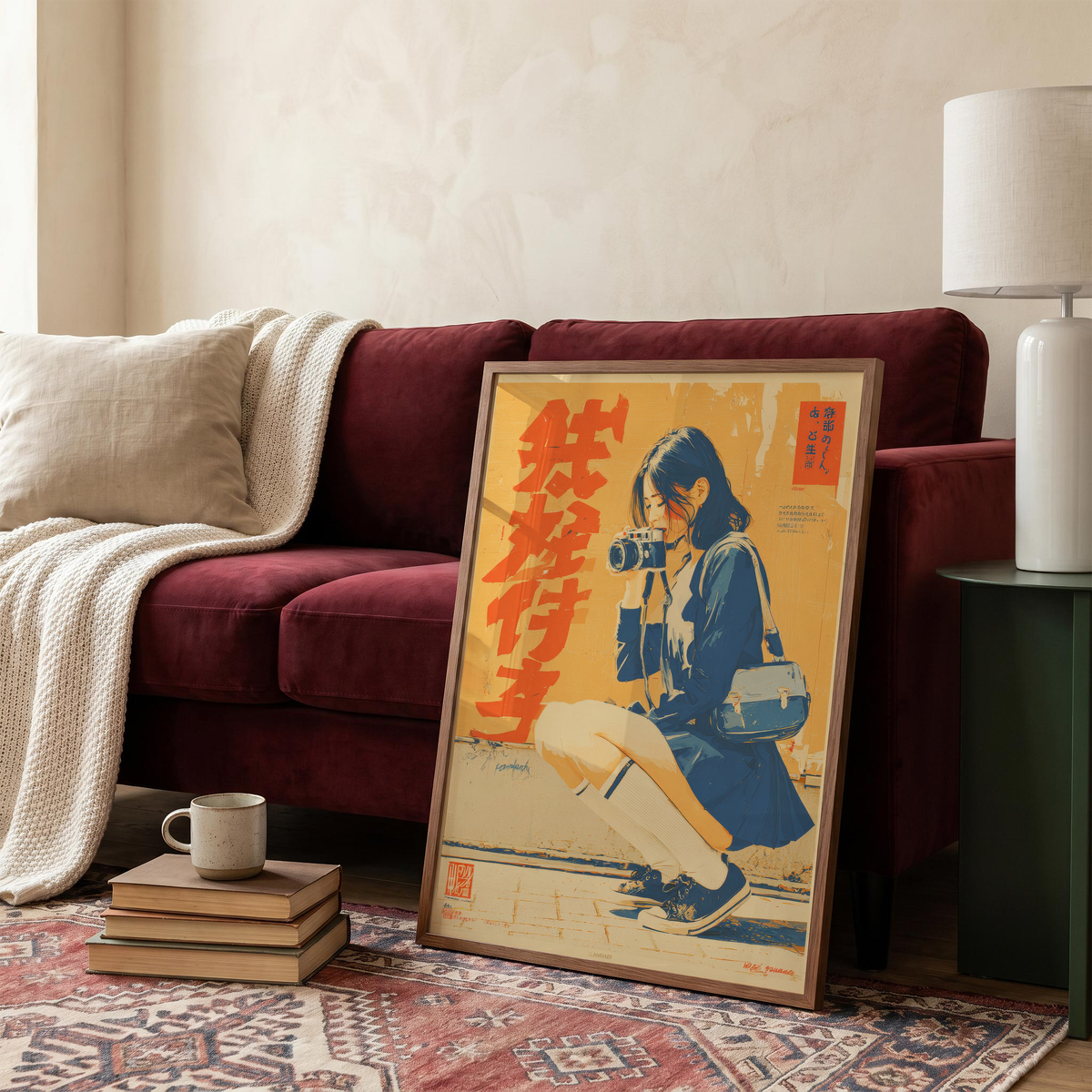 Affiche Japonaise Vintage Photographe, Femme avec Appareil Photo, Wall Art Rétro Japonais, Poster Orange et Bleu