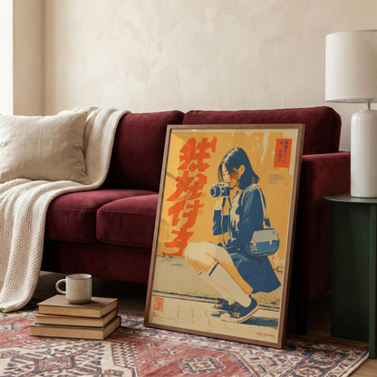 Affiche Japonaise Vintage Photographe, Femme avec Appareil Photo, Wall Art Rétro Japonais, Poster Orange et Bleu