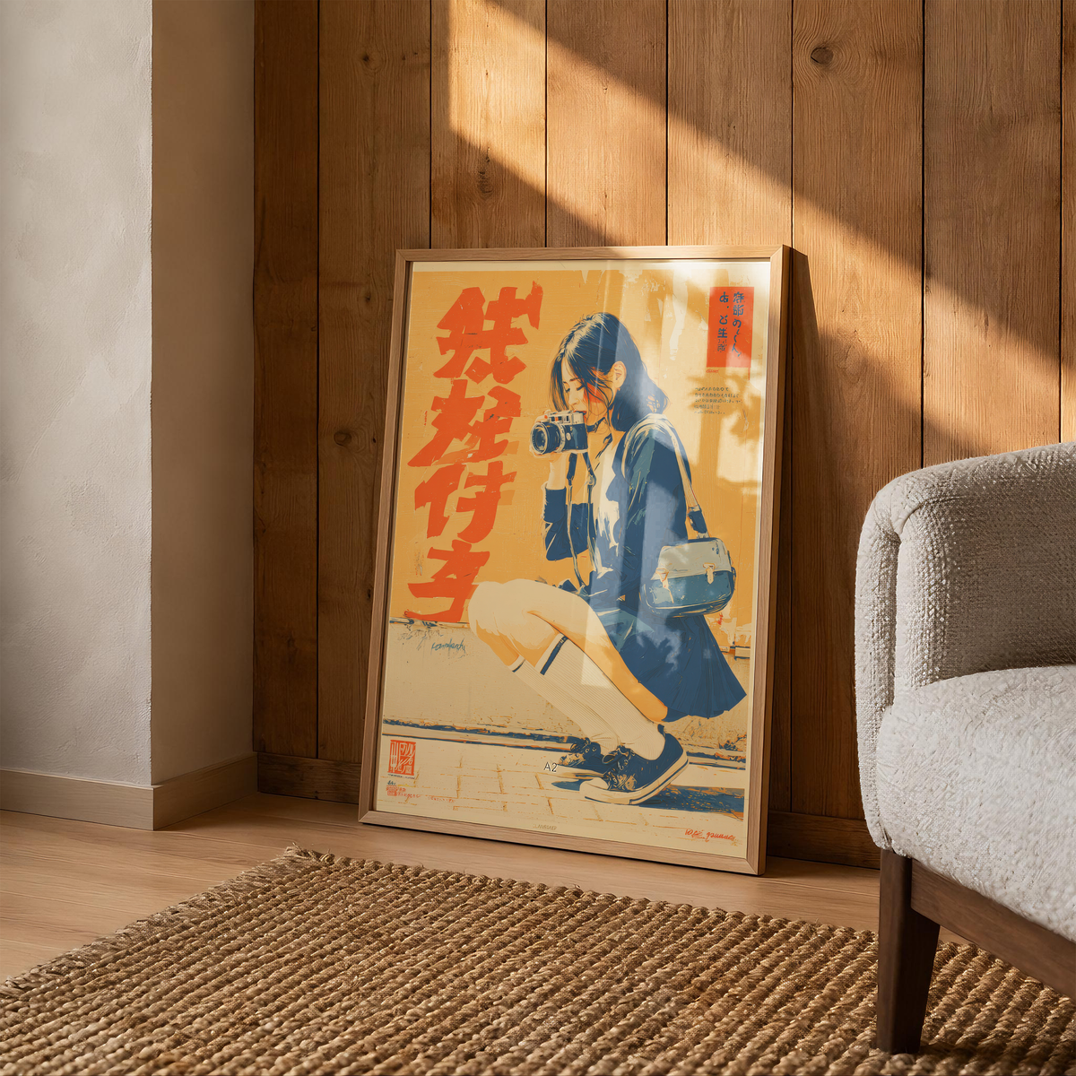 Affiche Japonaise Vintage Photographe, Femme avec Appareil Photo, Wall Art Rétro Japonais, Poster Orange et Bleu