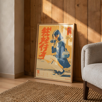 Affiche Japonaise Vintage Photographe, Femme avec Appareil Photo, Wall Art Rétro Japonais, Poster Orange et Bleu