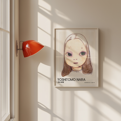Yoshitomo Nara Large Eyed Girl Portrait Poster, Brown Hair Japanese Contemporary Art Print, Minimalist Wall Decor