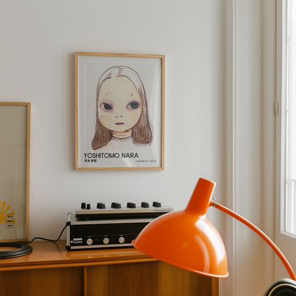 Yoshitomo Nara Large Eyed Girl Portrait Poster, Brown Hair Japanese Contemporary Art Print, Minimalist Wall Decor