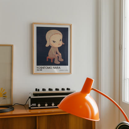 Yoshitomo Nara Dog Costume Girl Poster, Japanese Contemporary Art Print, Dark Blue Wall Decor, Character Artwork