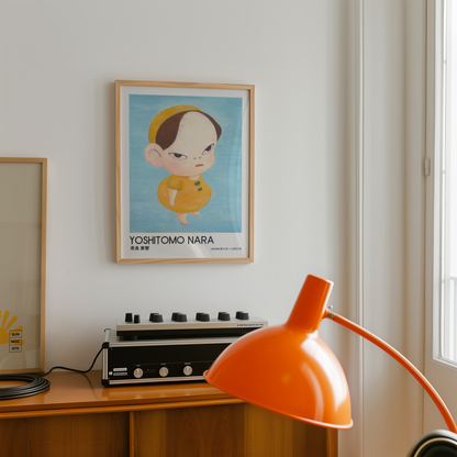 Yoshitomo Nara Yellow Girl Poster, Japanese Contemporary Art Print, Blue Background Wall Decor, Minimalist Character Art