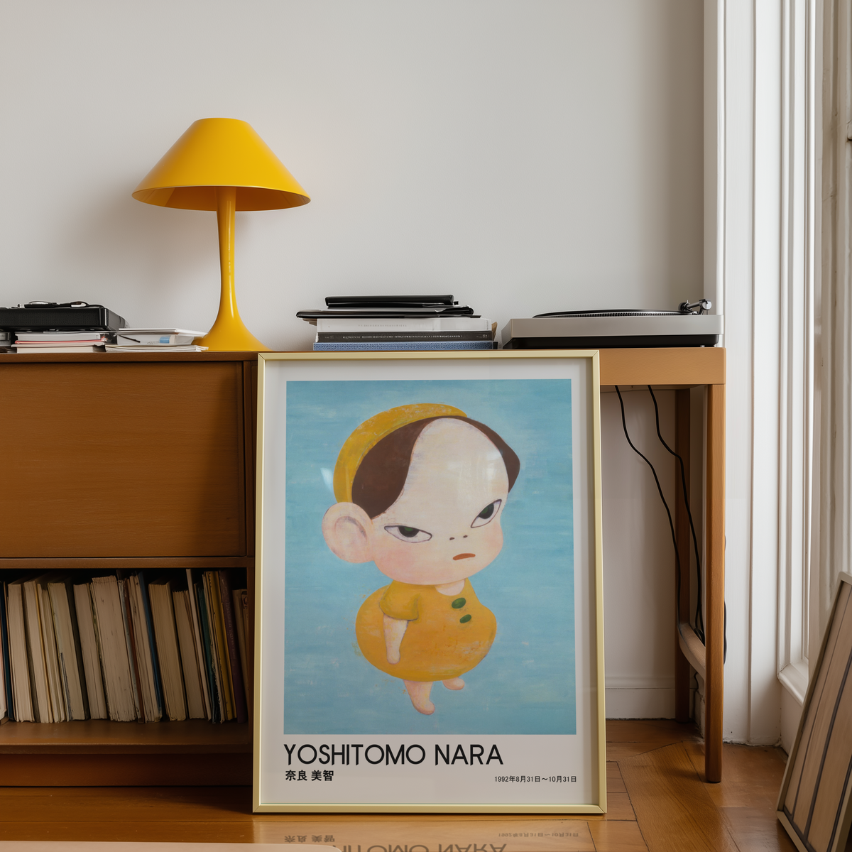 Yoshitomo Nara Yellow Girl Poster, Japanese Contemporary Art Print, Blue Background Wall Decor, Minimalist Character Art