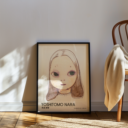 Yoshitomo Nara Large Eyed Girl Portrait Poster, Brown Hair Japanese Contemporary Art Print, Minimalist Wall Decor