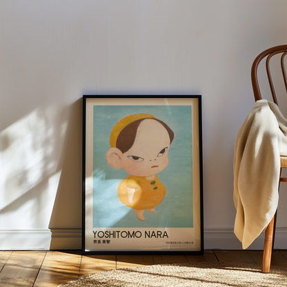 Yoshitomo Nara Yellow Girl Poster, Japanese Contemporary Art Print, Blue Background Wall Decor, Minimalist Character Art