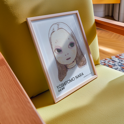 Yoshitomo Nara Large Eyed Girl Portrait Poster, Brown Hair Japanese Contemporary Art Print, Minimalist Wall Decor