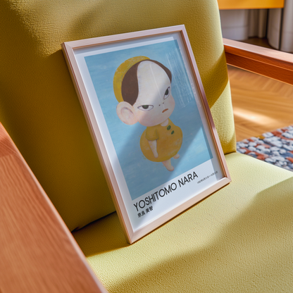 Yoshitomo Nara Yellow Girl Poster, Japanese Contemporary Art Print, Blue Background Wall Decor, Minimalist Character Art