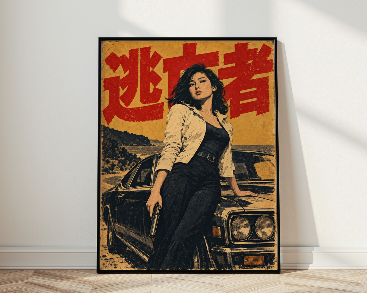 Japanese Crime Cinema Poster, Armed Woman with Classic Black Car, Mustard and Red Vintage Thriller Wall Art
