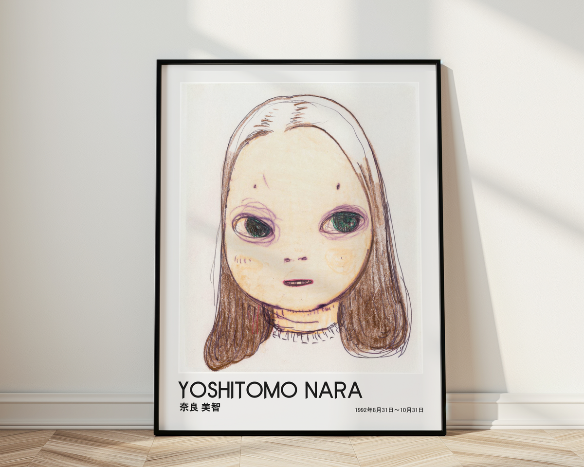 Yoshitomo Nara Large Eyed Girl Portrait Poster, Brown Hair Japanese Contemporary Art Print, Minimalist Wall Decor