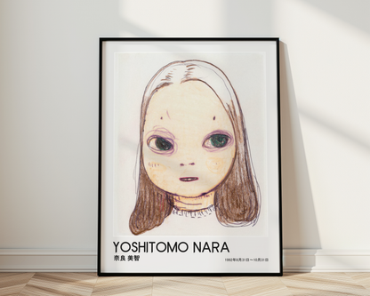 Yoshitomo Nara Large Eyed Girl Portrait Poster, Brown Hair Japanese Contemporary Art Print, Minimalist Wall Decor
