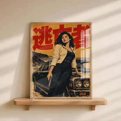 Japanese Crime Cinema Poster, Armed Woman with Classic Black Car, Mustard and Red Vintage Thriller Wall Art