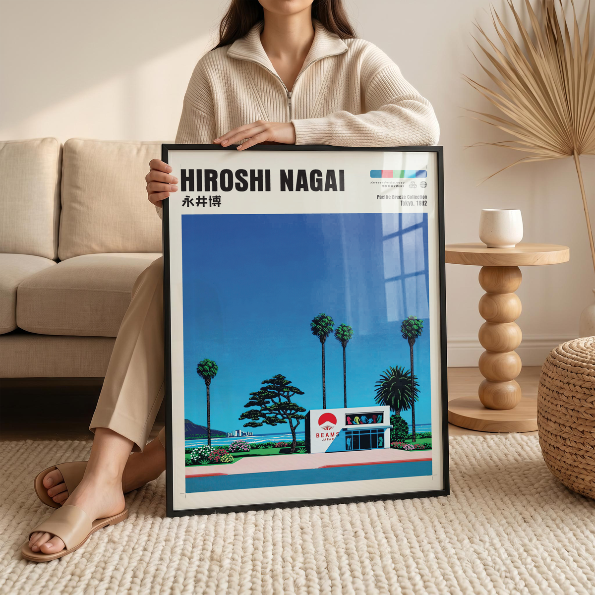 Hiroshi Nagai Pacific Breeze Poster, Japanese Fashion Store Art, Retro Tokyo Beach Print, Palm Tree Wall Decor, City Pop Aesthetic