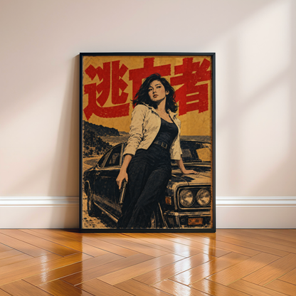Japanese Crime Cinema Poster, Armed Woman with Classic Black Car, Mustard and Red Vintage Thriller Wall Art