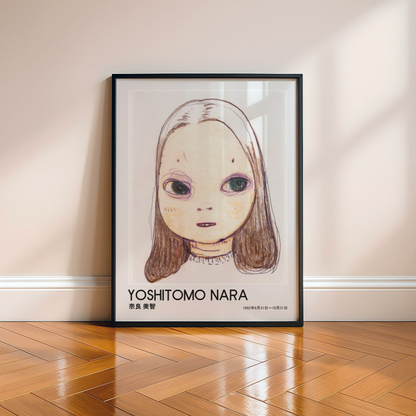 Yoshitomo Nara Large Eyed Girl Portrait Poster, Brown Hair Japanese Contemporary Art Print, Minimalist Wall Decor