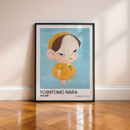 Yoshitomo Nara Yellow Girl Poster, Japanese Contemporary Art Print, Blue Background Wall Decor, Minimalist Character Art