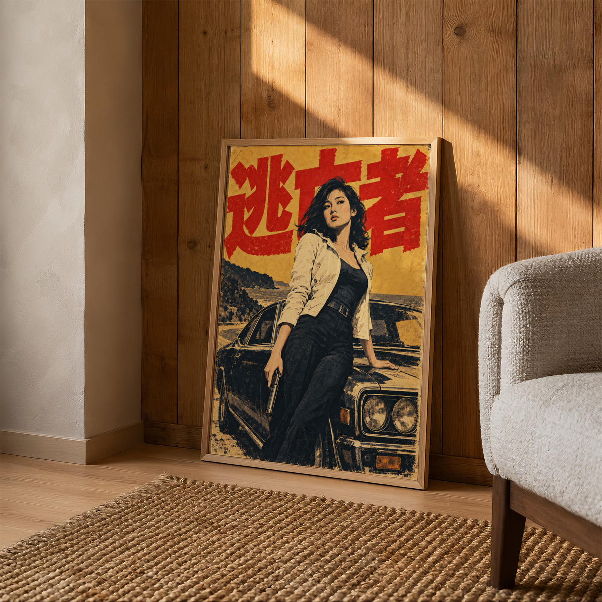 Japanese Crime Cinema Poster, Armed Woman with Classic Black Car, Mustard and Red Vintage Thriller Wall Art