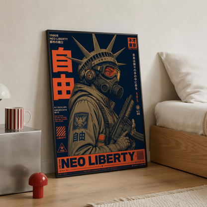 Neo Tokyo Cyberpunk Warrior Poster, Futuristic Gas Mask Wall Art, Japanese Dystopian Retro Futurism Decor