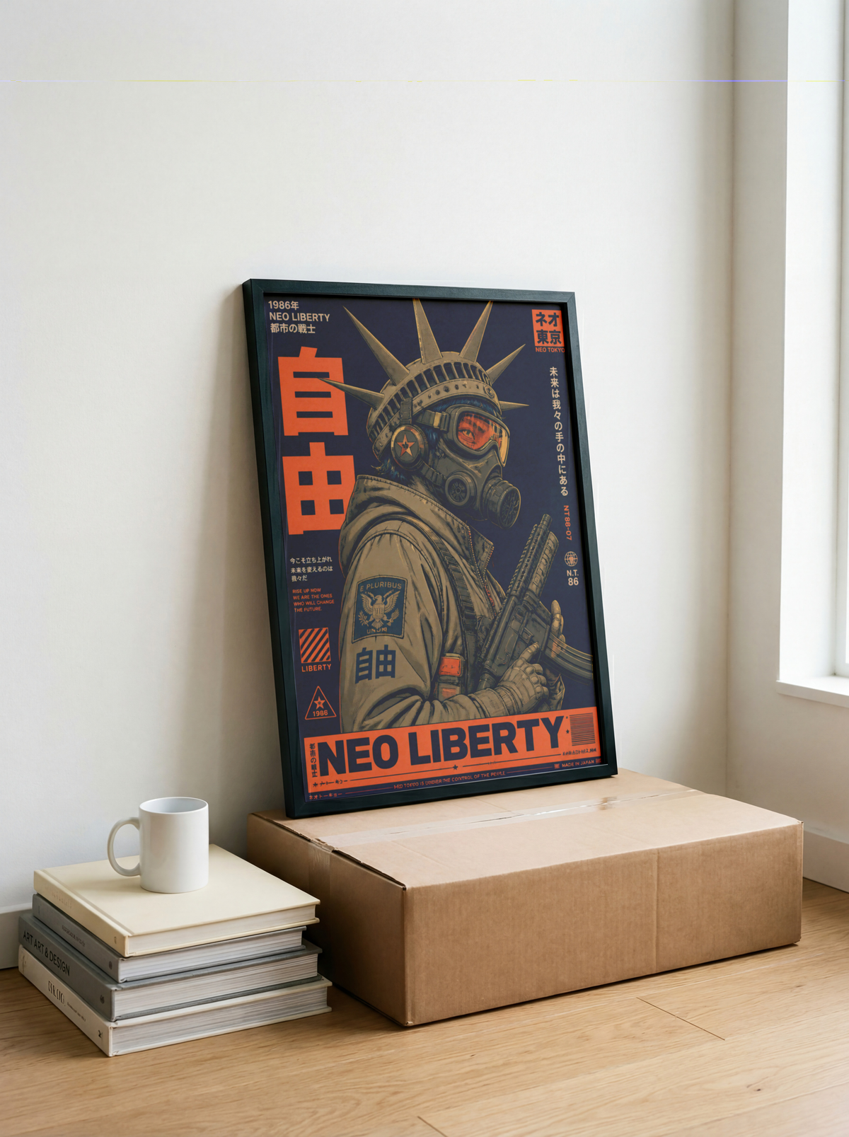 Neo Tokyo Cyberpunk Warrior Poster, Futuristic Gas Mask Wall Art, Japanese Dystopian Retro Futurism Decor