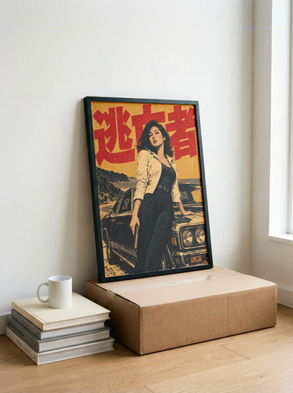 Japanese Crime Cinema Poster, Armed Woman with Classic Black Car, Mustard and Red Vintage Thriller Wall Art