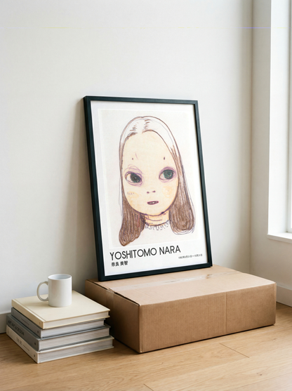 Yoshitomo Nara Large Eyed Girl Portrait Poster, Brown Hair Japanese Contemporary Art Print, Minimalist Wall Decor