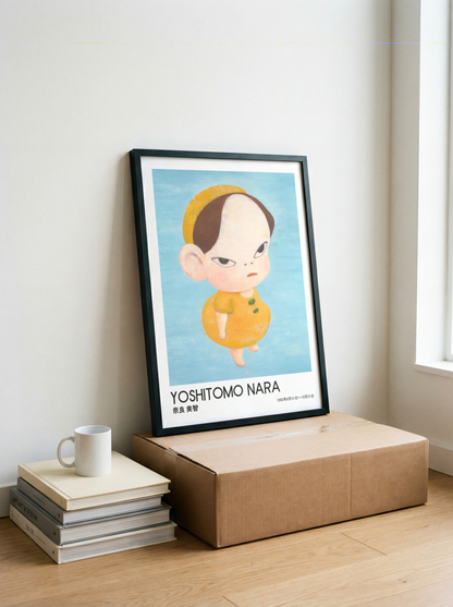 Yoshitomo Nara Yellow Girl Poster, Japanese Contemporary Art Print, Blue Background Wall Decor, Minimalist Character Art
