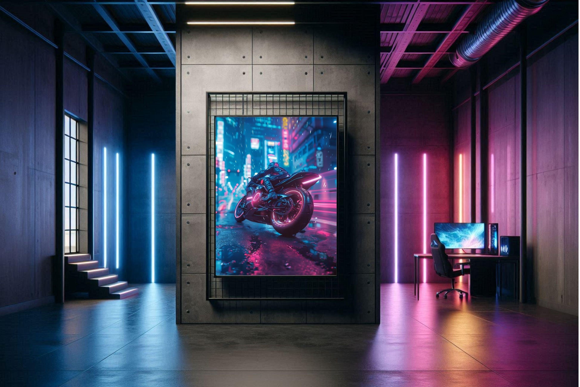 🏍️🏁🔧 Moto Cyberpunk Série futuriste #️⃣3  - (Affiche encadrée métal) - Aura Studio Déco