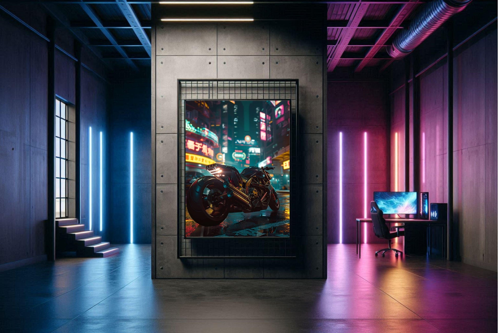 🏍️🏁🔧 Moto Cyberpunk Série futuriste #️⃣11  - (Affiche encadrée métal) - Aura Studio Déco